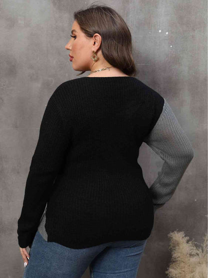 plus-size-two-tone-surplice-neck-sweater