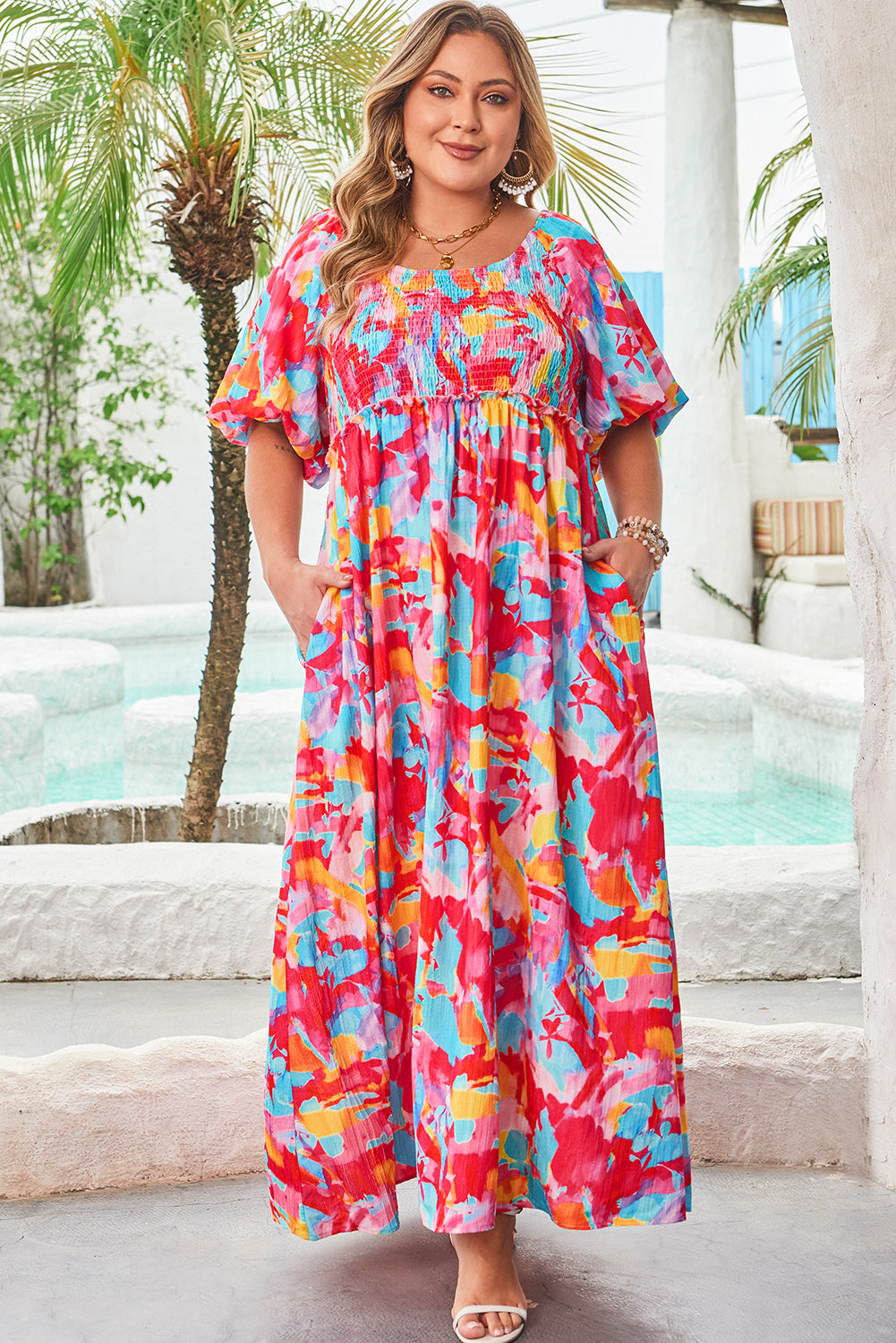 Plus Size Rose Abstract Puff Sleeve Square Neck Dress