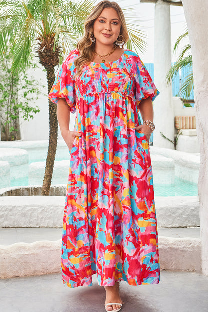 Plus Size Rose Abstract Puff Sleeve Square Neck Dress