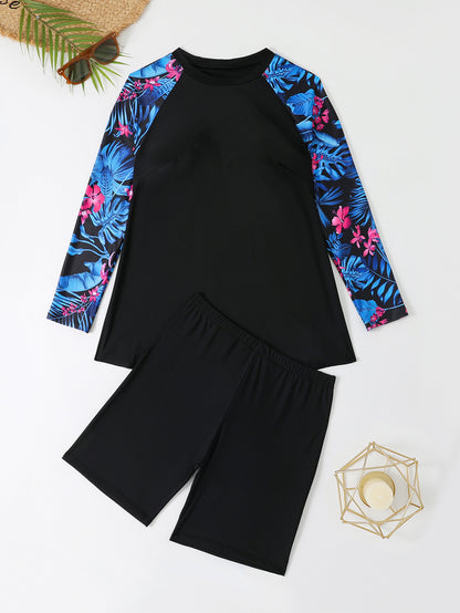 Plus Size Two-Piece Tankini Long Sleeve Swimwear - Plus Size Clothing