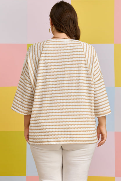 Plus Size Striped Textured Patchwork Half Sleeve Top - Plus Size XL-4XL - View 2