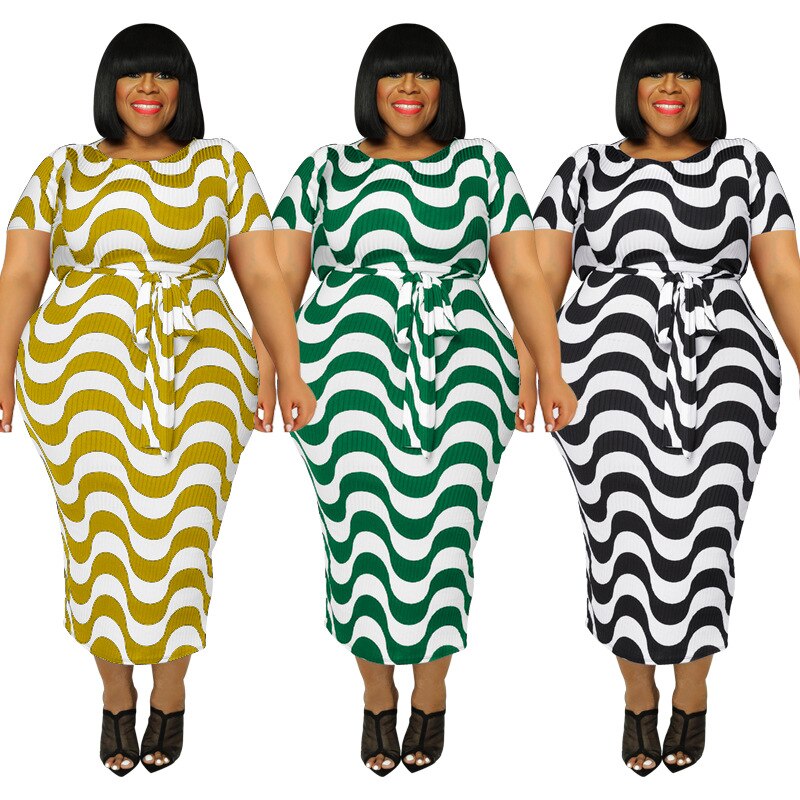 Plus Size Short Sleeve Striped Bandage Bodycon Dress