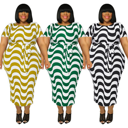 Plus Size Short Sleeve Striped Bandage Bodycon Dress - Plus Size Clothing