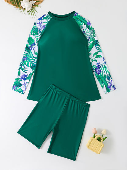 Plus Size Two-Piece Tankini Long Sleeve Swimwear - Plus Size Clothing