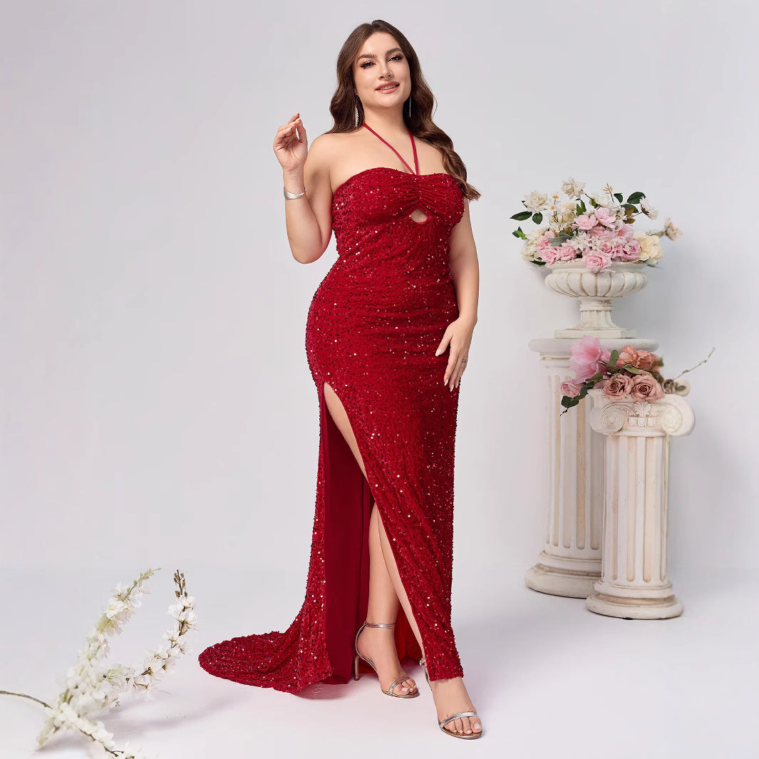 Plus Size Elegant Red Sequined Sleeveless Dress
