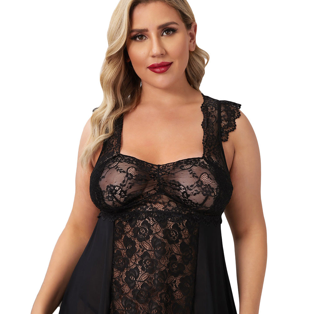 Plus Size Sexy Lace Sheer Pajama Set Babydoll - Plus Size XL-4XL - View 3