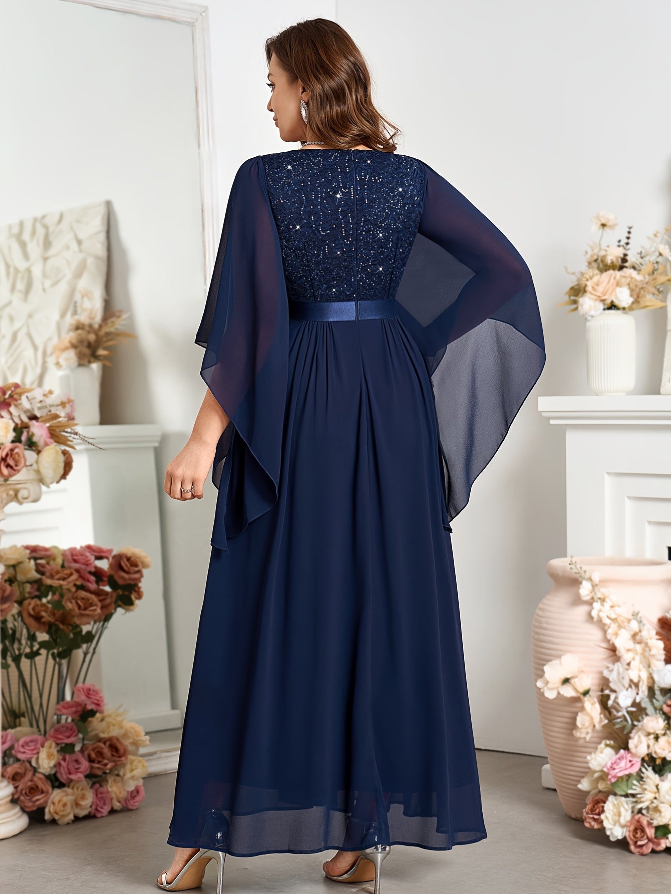 Butterfly Sleeve Sequin Lace Chiffon Party Wedding Dress