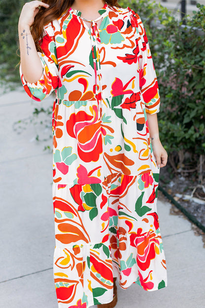 Plus Size Orange Floral Print Drawstring V Neck Tiered Dress - Plus Size XL-4XL - View 8