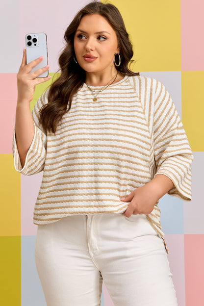 Plus Size Striped Textured Patchwork Half Sleeve Top - Plus Size XL-4XL - View 3