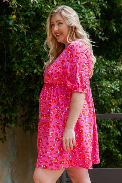 Plus Size 3/4 Sleeve V-Neck Leopard Babydoll Dress