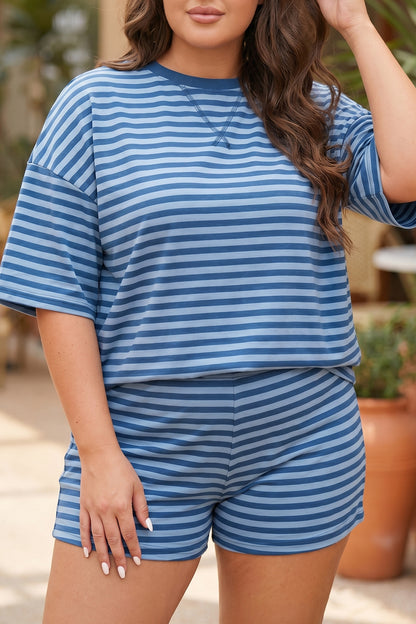 Plus Size Blue Striped Dropped Shoulder Tee and Shorts Set - Plus Size XL-4XL - View 1