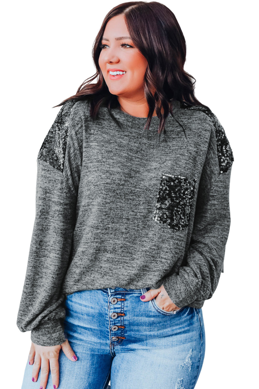 Plus Size Gray Sequin Patchwork Long Sleeve Top