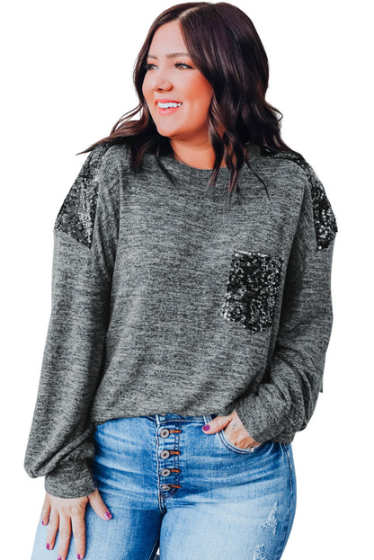 Plus Size Gray Sequin Patchwork Long Sleeve Top - Plus Size XL-4XL - View 12