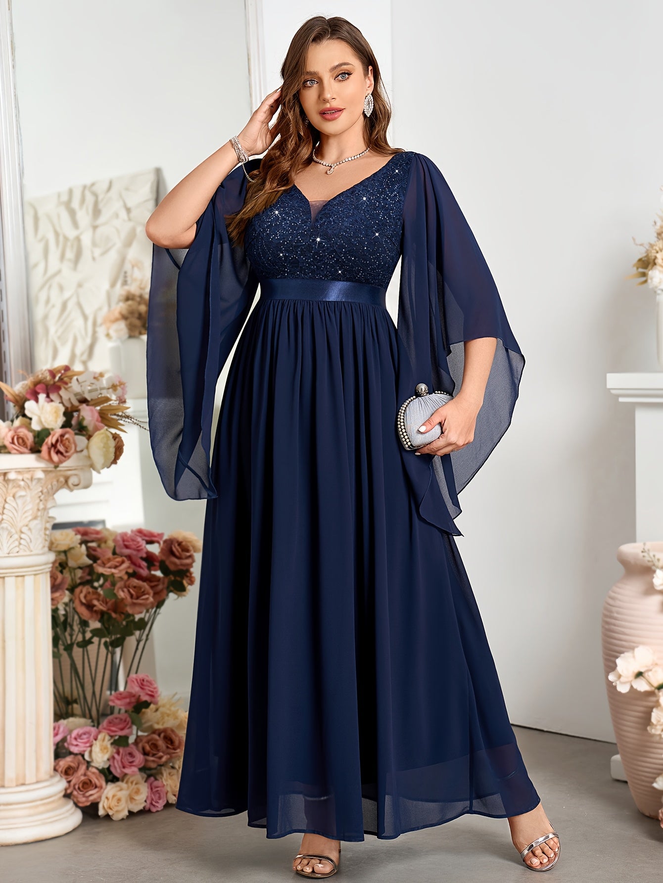 Butterfly Sleeve Sequin Lace Chiffon Party Wedding Dress