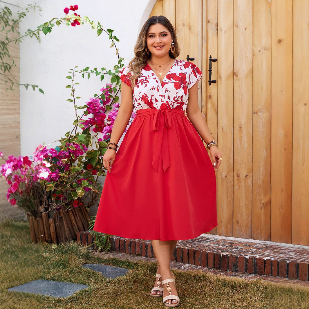 Plus Size Midi A-Line Red Dress Ruffle Sleeve
