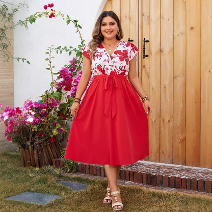 Plus Size Midi A-Line Red Dress Ruffle Sleeve