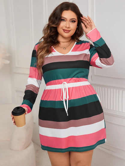 Plus Size Striped V-Neck Long Sleeve Mini Dress - Plus Size XL-4XL - View 4