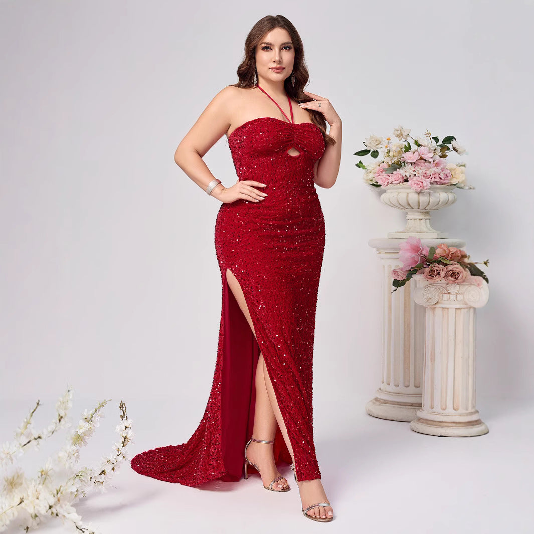 Plus Size Elegant Red Sequined Sleeveless Dress