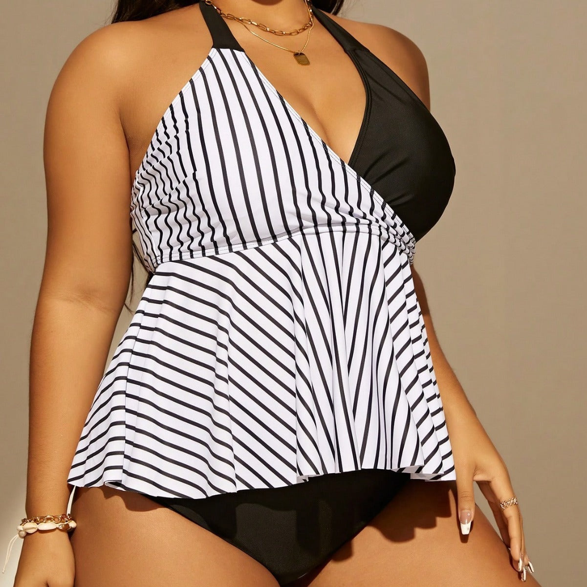Plus Size Color-Block Stripe Swimwear