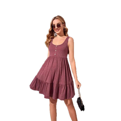 Maternity Dress with Ruffle Button Front, A-Line Silhouette, Sleeveless Design - Plus Size Clothing