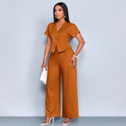 Plus Size V-Neck Cardigan Wide Leg Pants Two-Piece Set