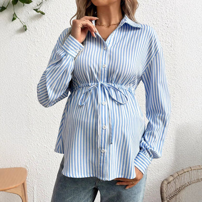 maternity clothing striped flip collar shirt long sleeve fitted waist mid-length blouse - Plus Size Clothing