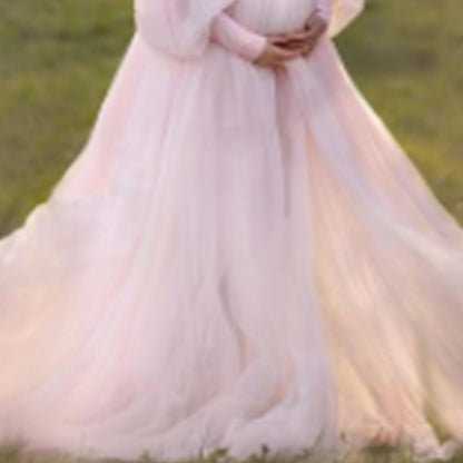 Maternity Plus Size Dress with Bubble SleevesOff-Shoulder Mesh Fabric Flared Skirt, Long Dress - Plus Size Clothing