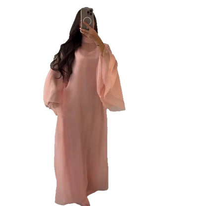 Plus Size Elegant Stand Collar Flare Sleeve Long Dress — front view