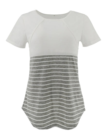 European and American fashion round neck short sleeved breastfeeding T-shirt with striped patchwork parent-child maternity wear - Plus Size Clothing