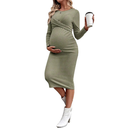 Plus Size Maternity Knot Dress Long Sleeve - Plus Size XL-4XL - View 1