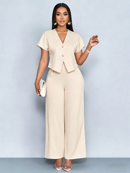 Plus Size V-Neck Cardigan Wide Leg Pants Two-Piece Set