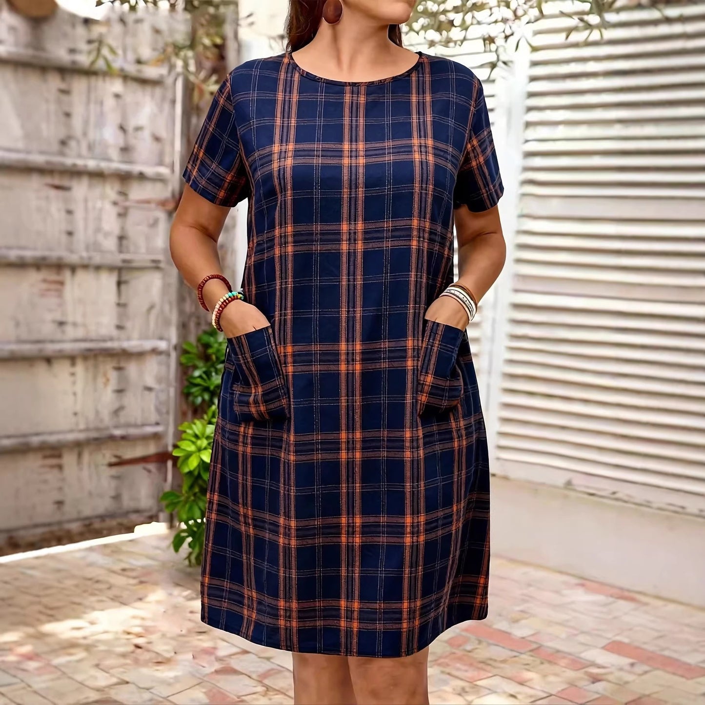 Plus Size Short Sleeve Plaid Casual Dress
