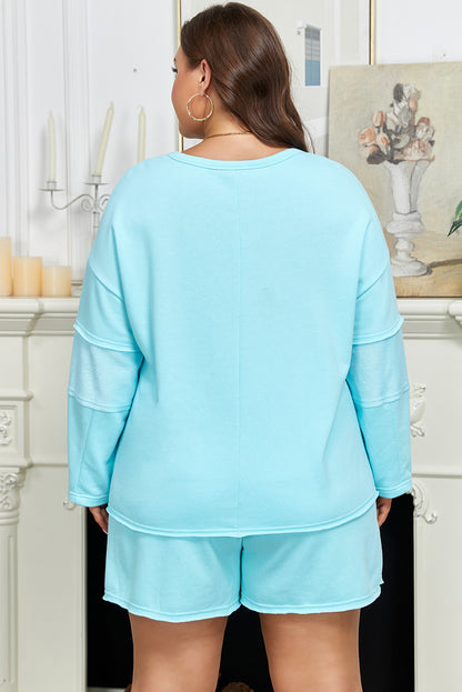 Plus Size Solid Splicing Raw Hem Pullover Top Shorts Set - Plus Size XL-4XL - View 2