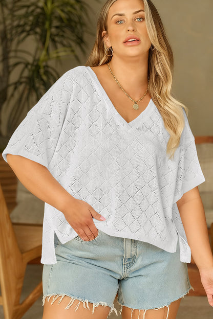 Plus Size Pointelle Rhombus Knit V-Neck Loose Top - Plus Size XL-4XL - View 3