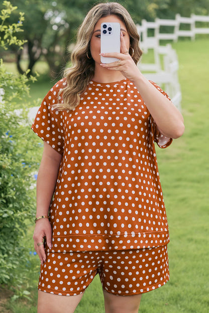 Plus Size Polka Dot Dropped Shoulder Tee Short Set - Plus Size XL-4XL - View 4