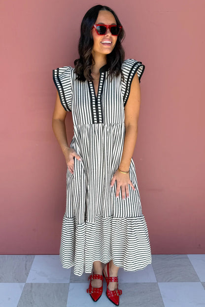 Plus Size Striped V-Neck Tiered Flutter Sleeve Maxi Dress - Plus Size Clothing