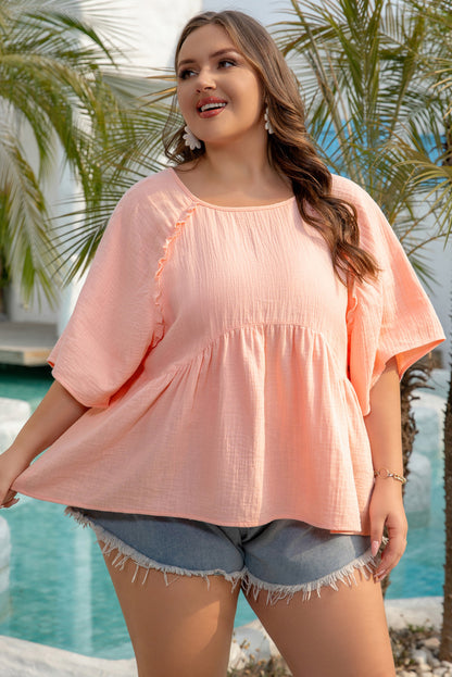 Plus Size Textured Wide Short Sleeve Babydoll Blouse - Plus Size XL-4XL - View 3