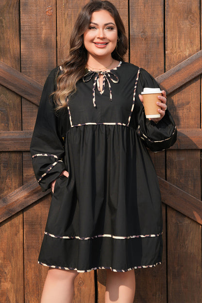 Plus Size Long Sleeve Leopard Tie Neck Flared Mini Dress - Plus Size XL-4XL - View 1