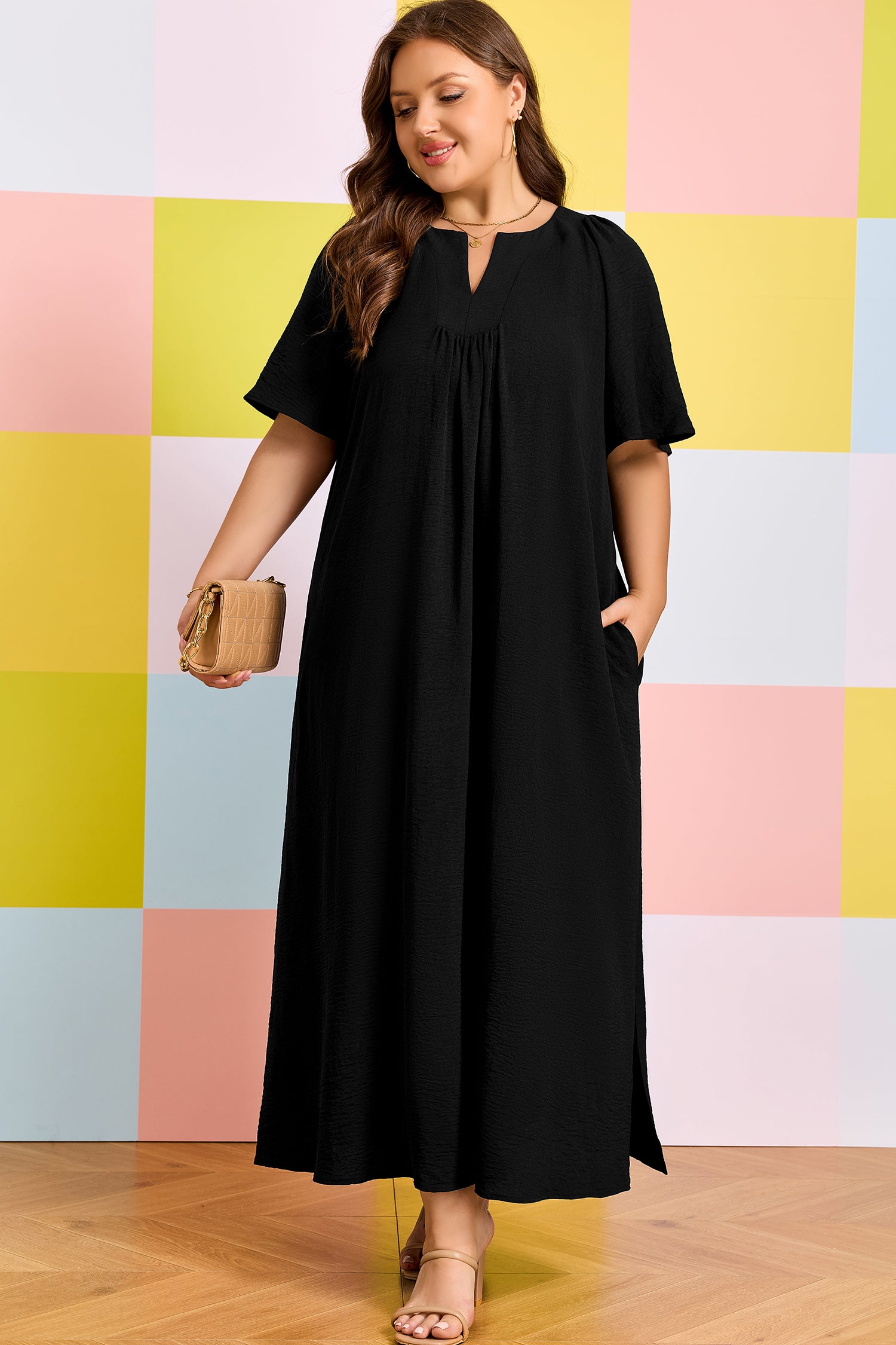 Plus Size Solid Notched Neck Short Sleeve Loose Dress - Plus Size XL-4XL - View 6