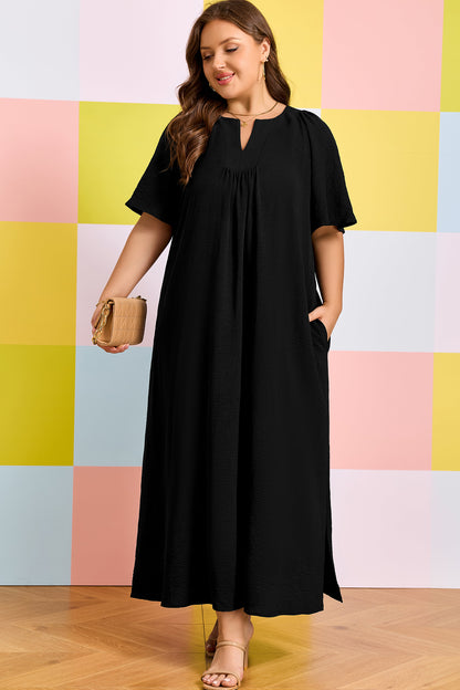 Plus Size Solid Notched Neck Short Sleeve Loose Dress - Plus Size XL-4XL - View 6