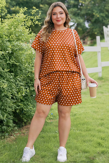 Plus Size Polka Dot Dropped Shoulder Tee Short Set - Plus Size XL-4XL - View 6