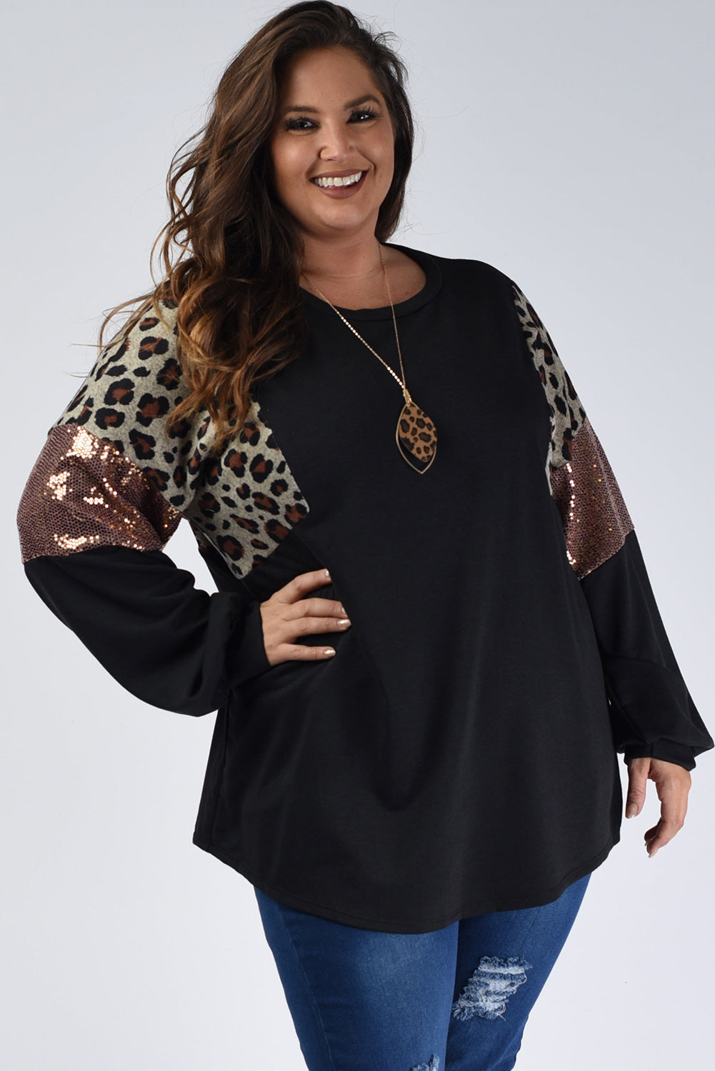 Plus Size Leopard Sequin Long Sleeve Top