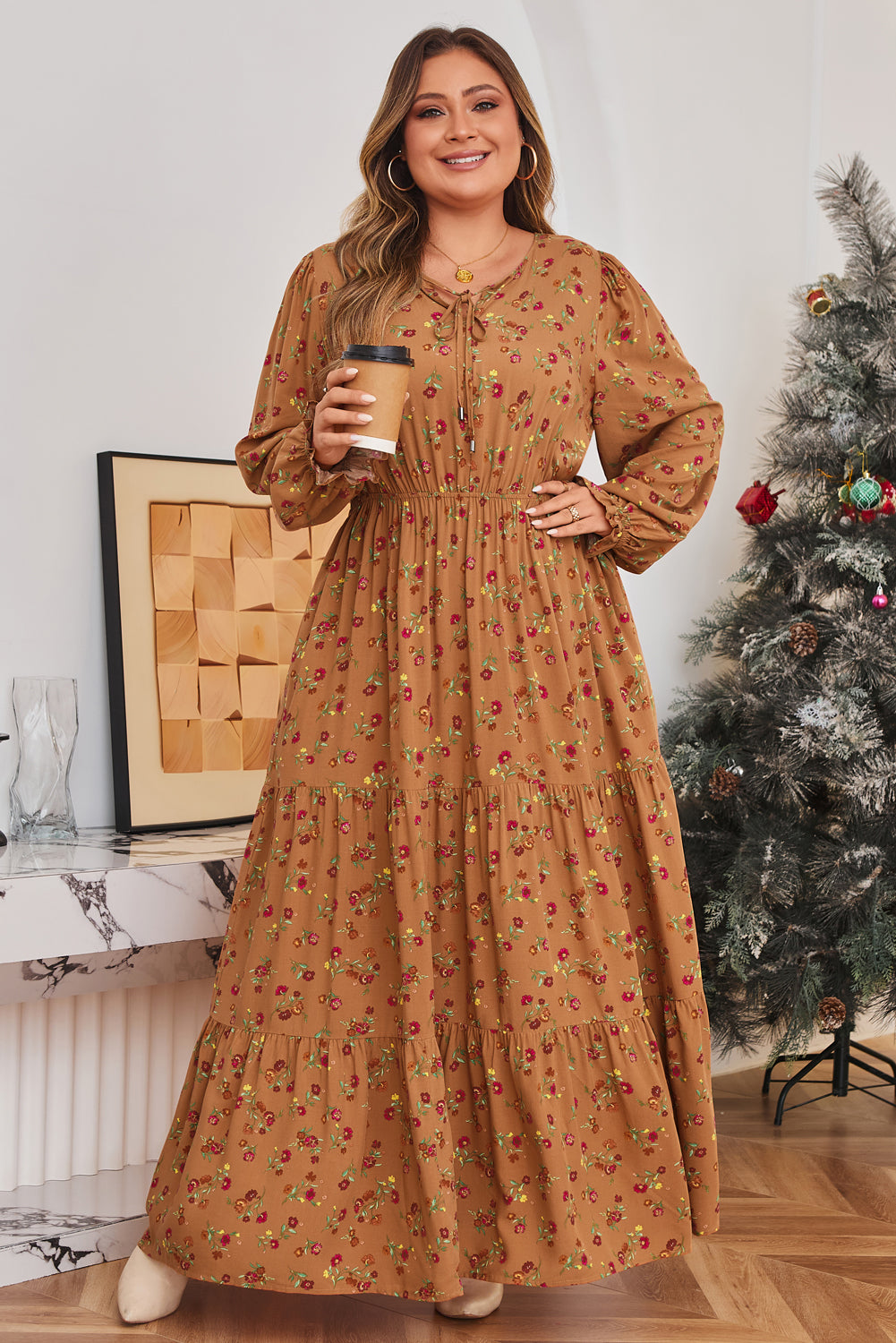Plus Size Floral Split V Neck Ruffled Tiered Maxi Dress - Plus Size XL-4XL - View 5