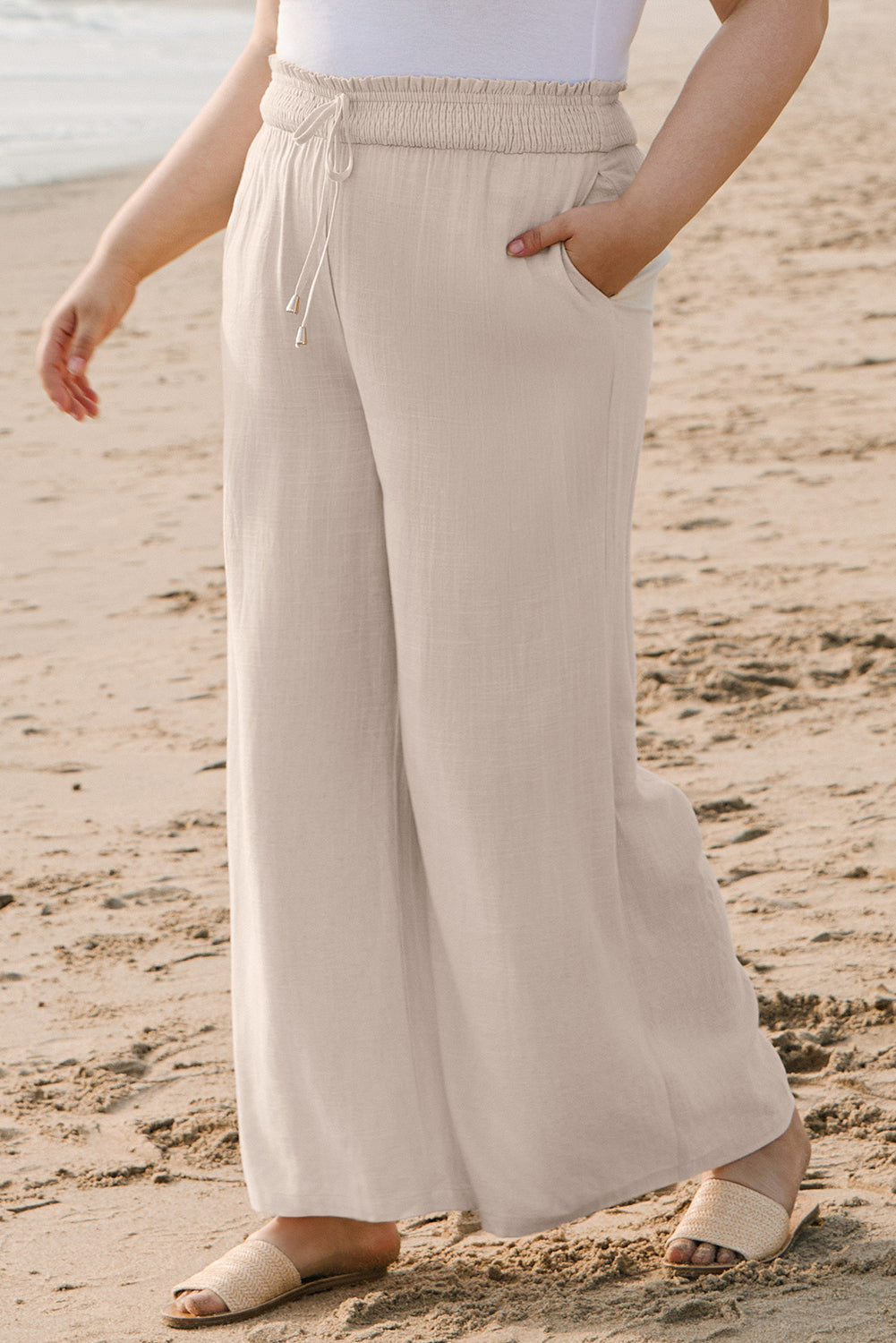 Plus Size Smocked High Waist Wide Leg Pants