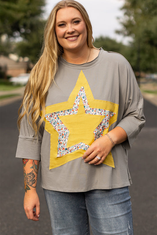 Plus Size Floral Star Patched 3/4 Sleeve Top - Plus Size XL-4XL - View 1