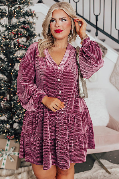 Plus Size Textured Velvet Tiered Button Dress - Plus Size XL-4XL - View 4