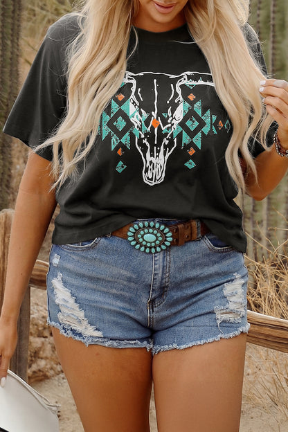 Plus Size Western Aztec Bull Skull Printed T Shirt - Plus Size XL-4XL - View 1