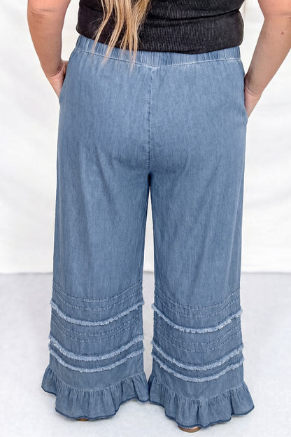 Plus Size Tiered Ruffled Wide Leg Denim Pants — back view