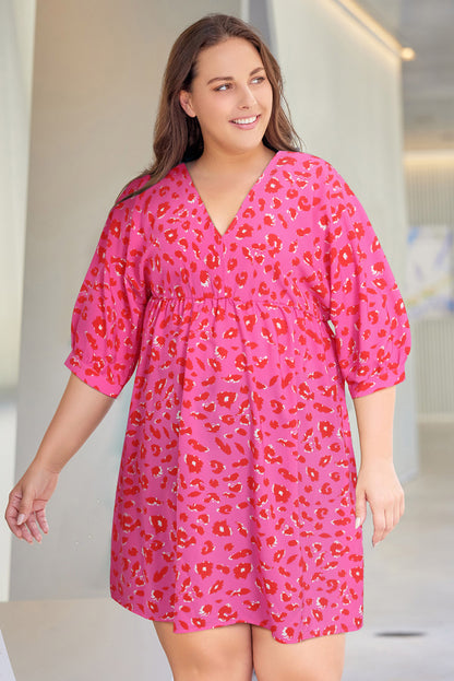 Plus Size 3/4 Sleeve V-Neck Leopard Babydoll Dress