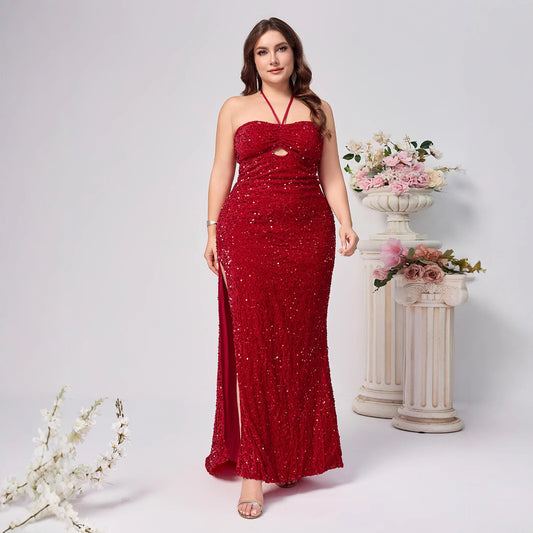 Plus Size Elegant Red Sequined Sleeveless Dress